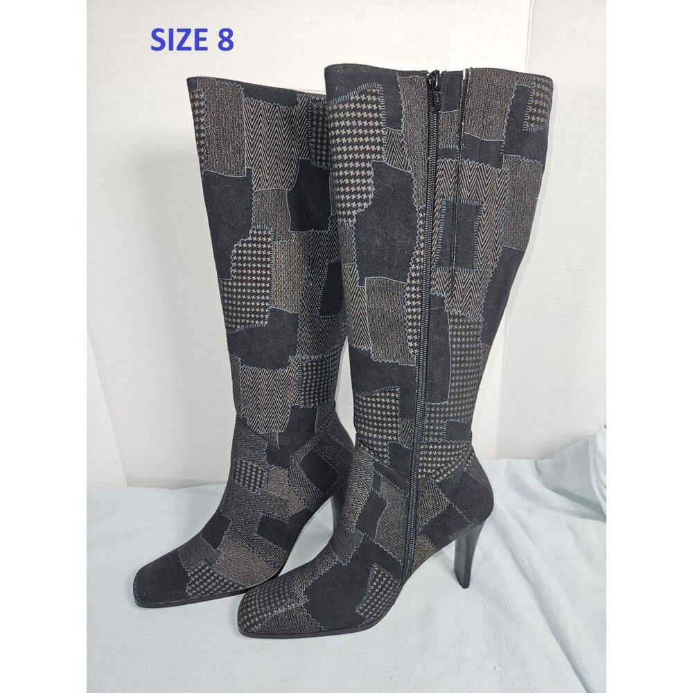 Pierre Dumas Knee High Patchwork Heeled Boots Black Geometric Womens NIB